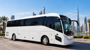 Dubai chauffeur service and rental buses near me — Go Bus driver standing beside vehicle