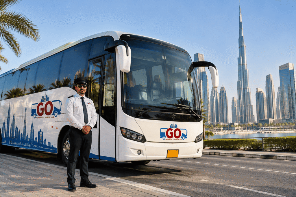 Dubai chauffeur service — Go Bus driver standing beside vehicle