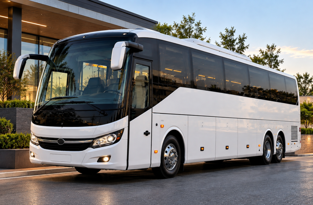 Interior of a luxury rental bus in Dubai with premium seating and air conditioning