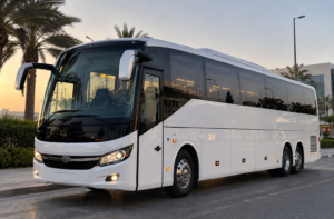 Interior of a luxury rental bus in Dubai with premium seating and air conditioning